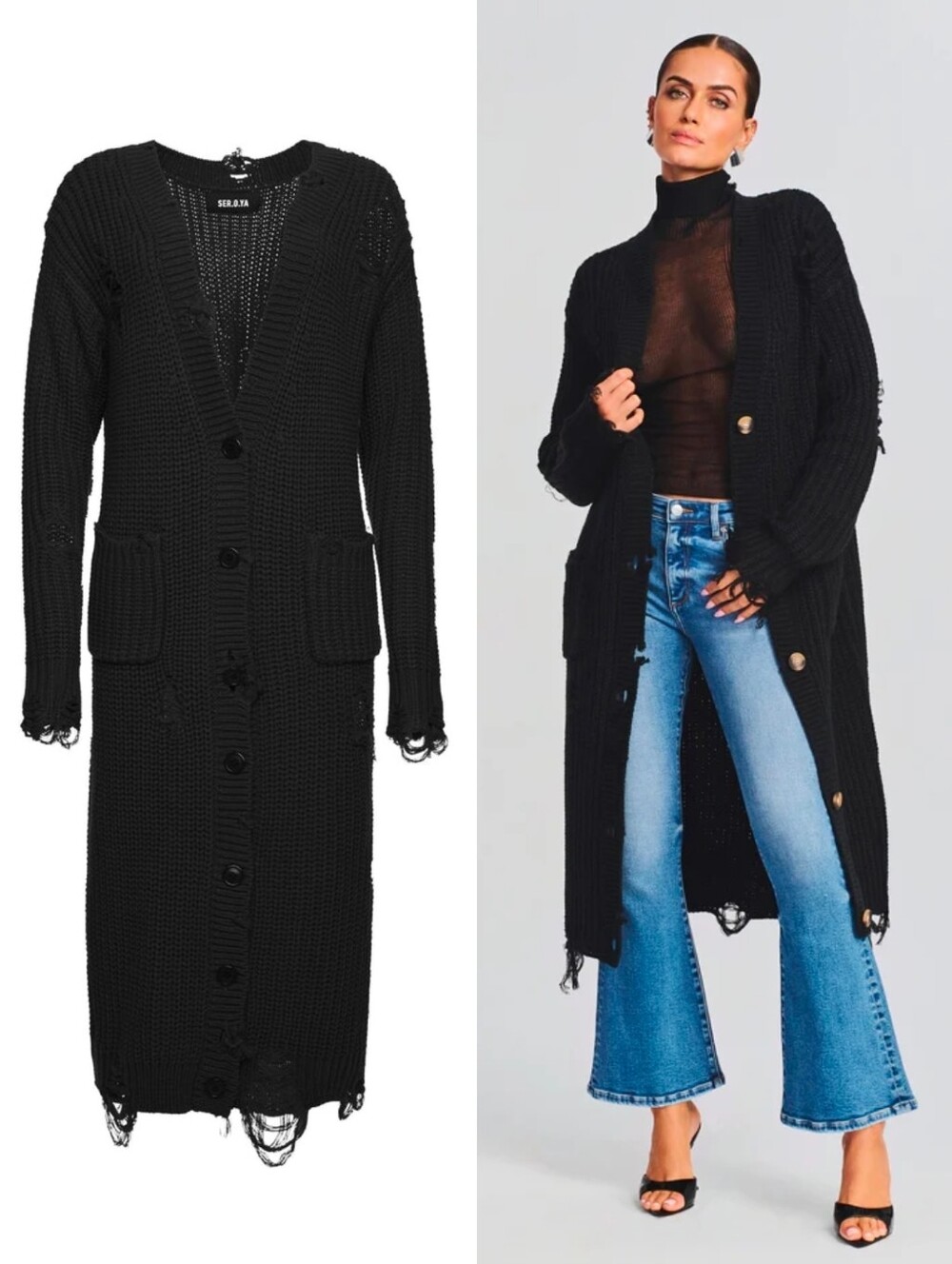 SER.O.YA Black Cotton Milly Distressed Long Sweater Cardigan